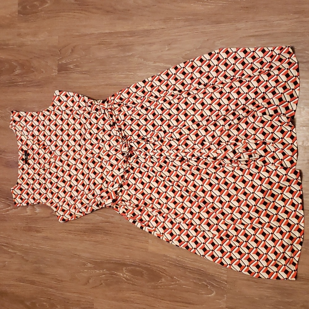 (L) Jules & Leopold Geometric Patterned Midi Dress Full Skirt Belted Waist